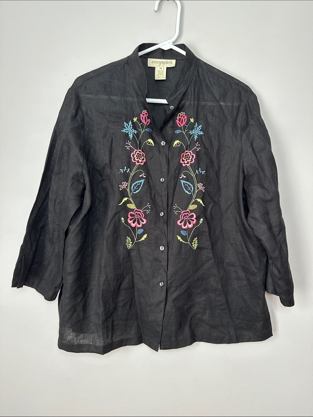 Easy Spirit Black Embroidered Linen Button-Up Shirt size 14